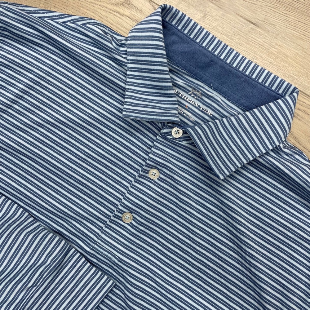 Southern Tide Polo Shirt Mens L Blue Striped Long Sleeve Performance 32170 8400